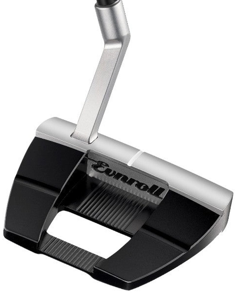 The Evnroll V5.1 MidLock mallet putter at address showing the connected rear alignment bar