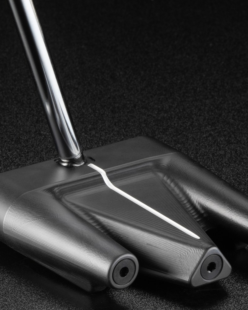 The Makefield Long putter head at address showing the milled crown and sightline