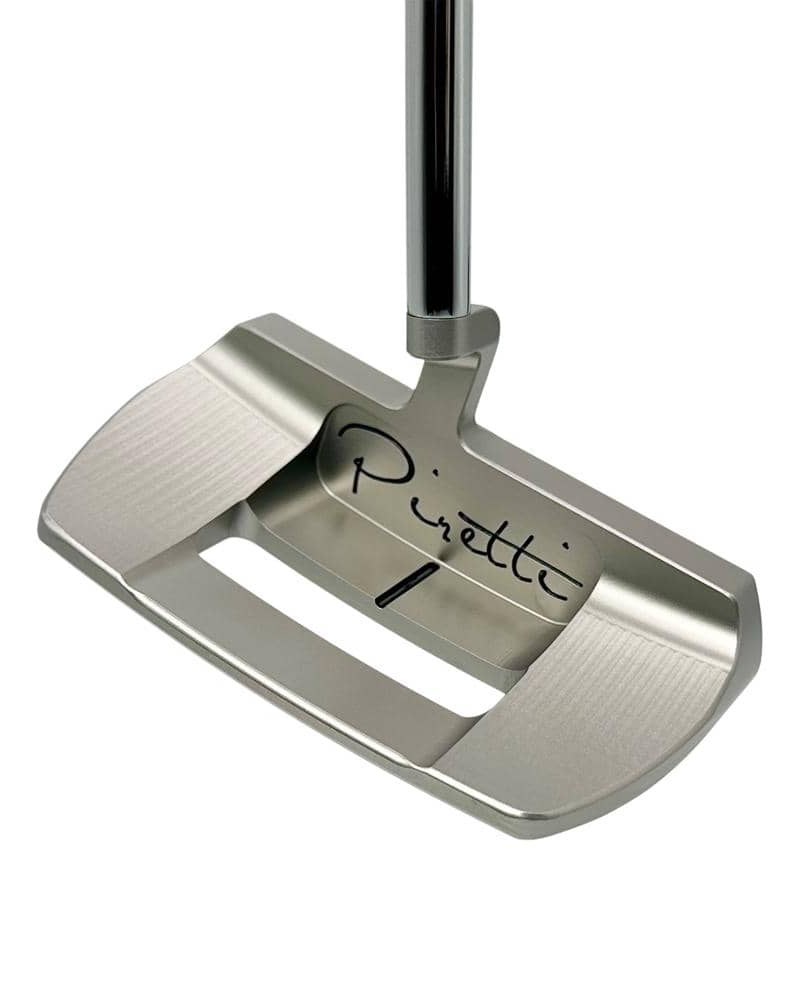 The Piretti Savona 2.5 putter head from above with the centre shaft entering the crown