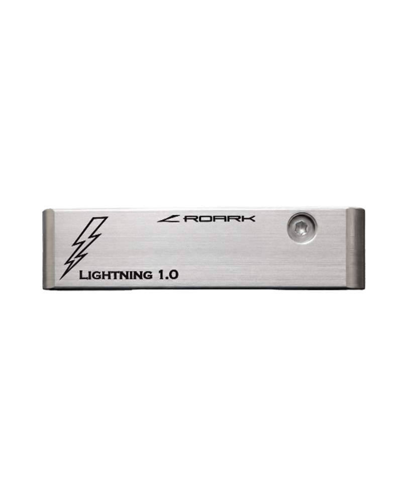 The sole plate of the Roark Lightning 1.0 reading Lightning 1.0 with the Roark mark