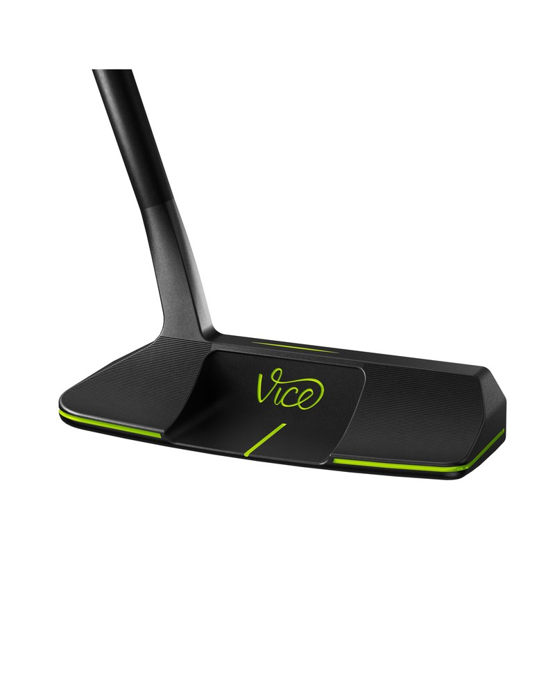 The Vice Golf VGP03 blade putter at address in black with lime green detailing