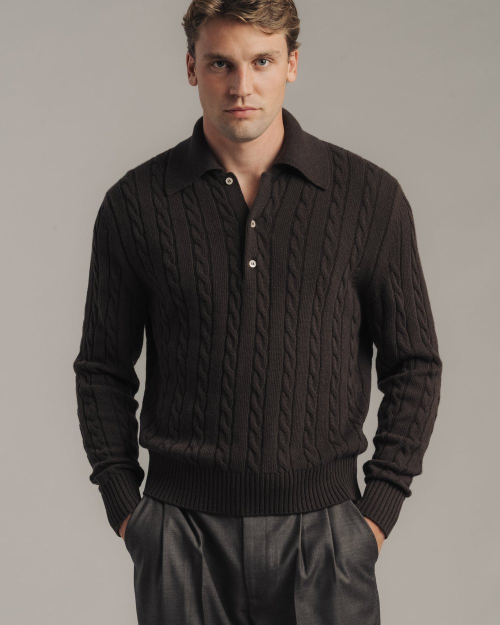 Late Nine Cable Knit Polo Dark Brown &middot; view 1 of 2