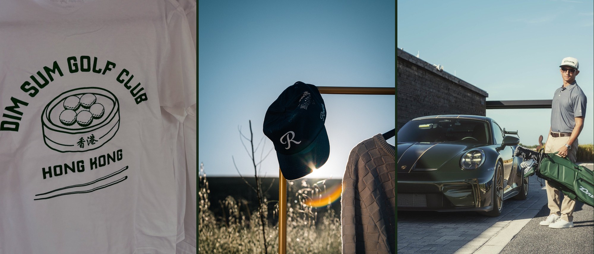 Three photos side by side: a white Dim Sum Golf Club tee with a dim sum basket graphic, a navy Rowena R hat hanging on a rail at sunset, and a golfer with a green DRVN bag beside a green Porsche