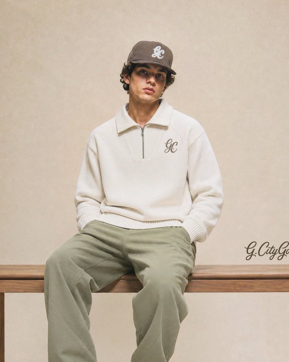 A young man in a cream Grind City quarter-zip, green trousers and a brown cap sitting on a wooden bench