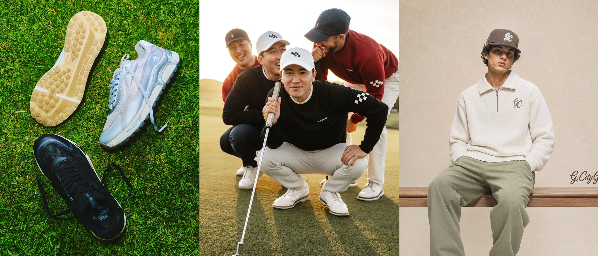 Three photos side by side: Aberdeen West golf sneakers on a putting green, four We Hit Fairways founders crouched on a green, and a man in a cream Grind City quarter-zip on a bench