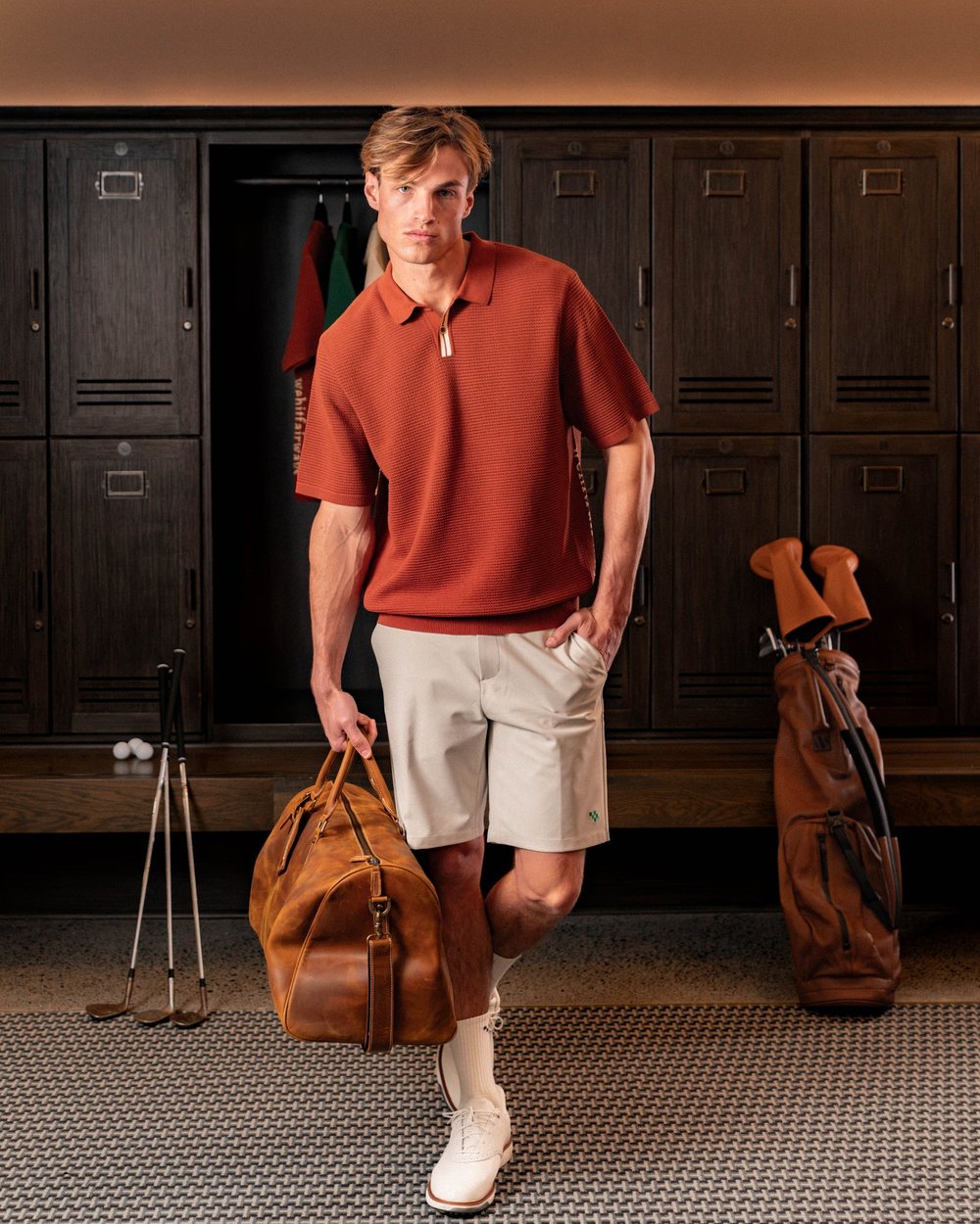 We Hit Fairways Waffle Knit Polo, Clay Red · view 1 of 5