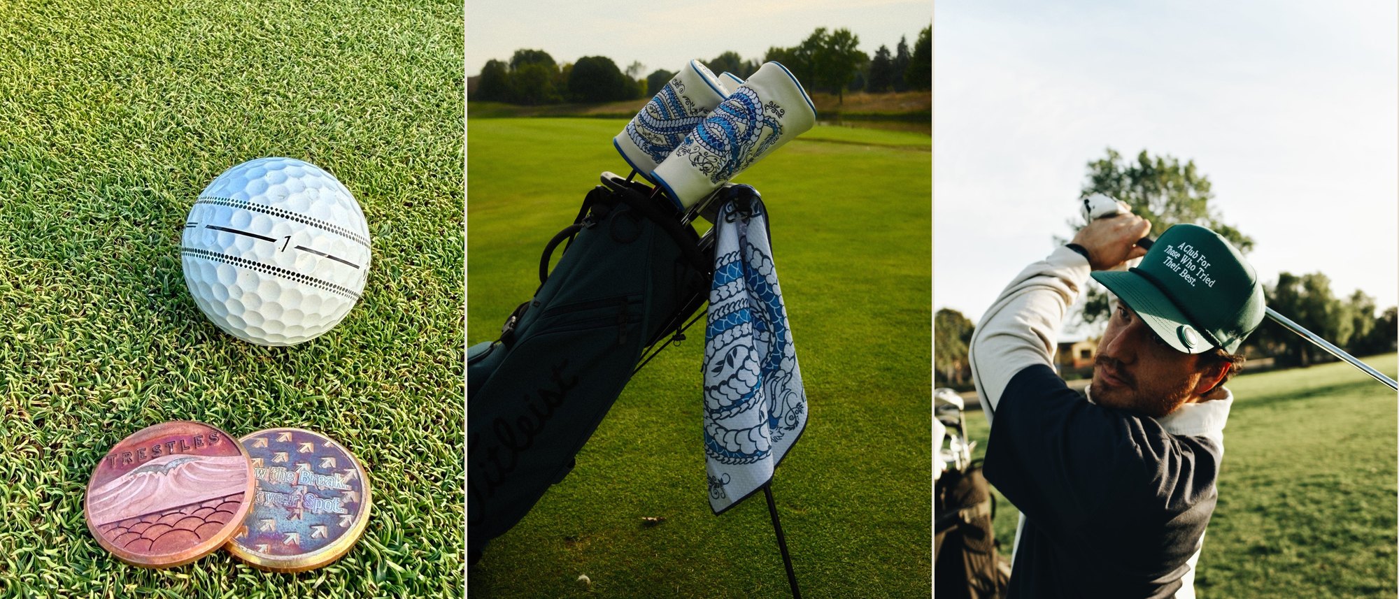 Three photos side by side: a copper Swell Marks Trestles marker next to a golf ball on the green, a Hinotori Ryujin headcover and towel on a bag on the fairway, and a golfer in a green Studio Grain Club Members cap mid-swing