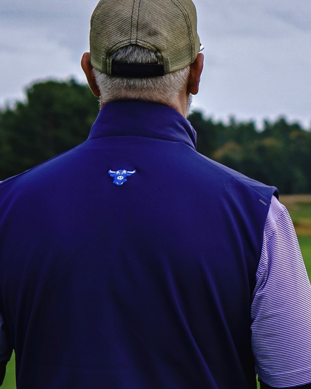 A golfer seen from behind in a navy vest with the blue highland cow on the back, a mesh cap and a striped polo, looking out over a course