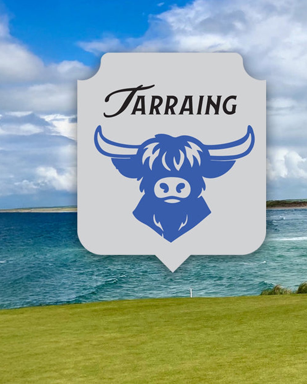 The Tarraing highland cow badge over a coastal links hole above a beach