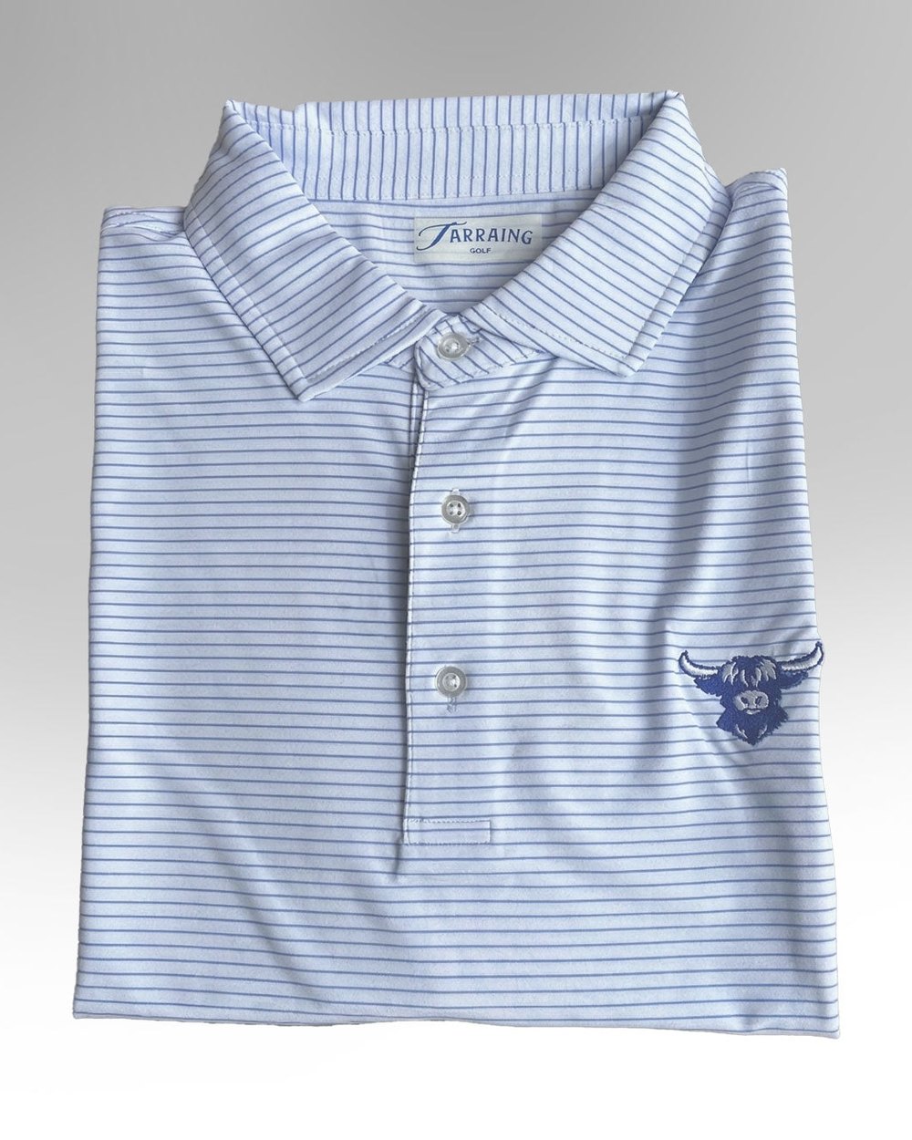 A folded white and blue striped Tarraing polo with the highland cow logo