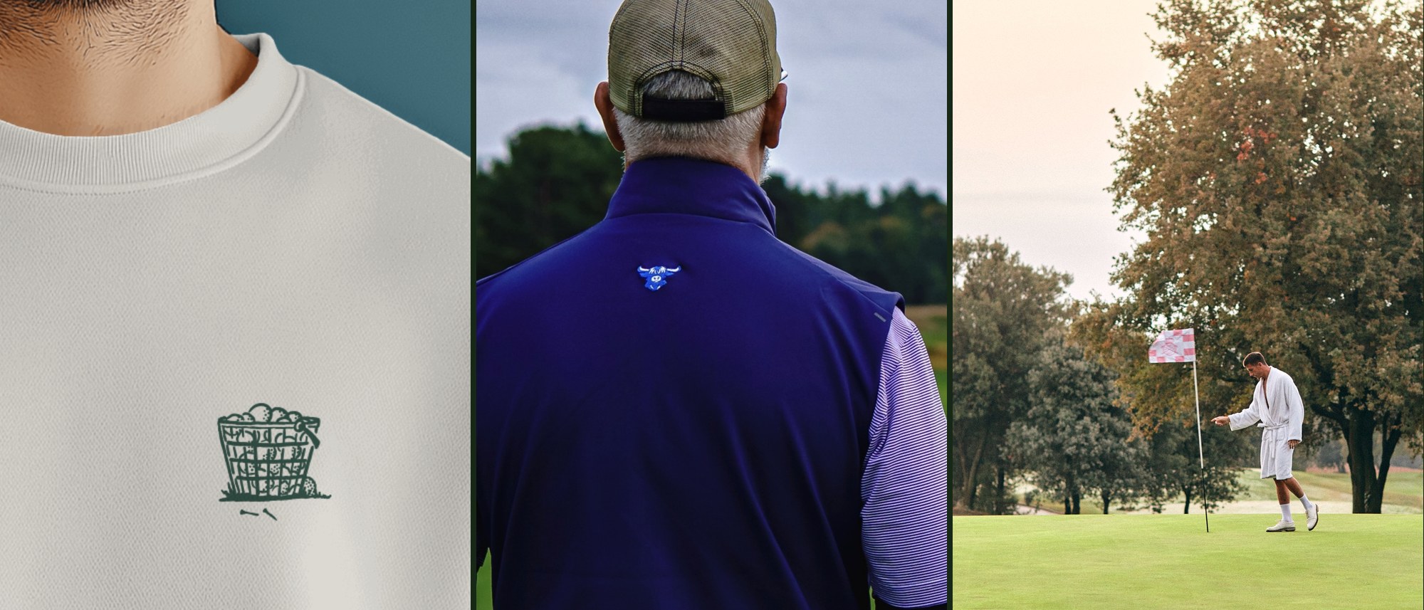 Three golf course photos side by side: the Happy Place range-basket print on the chest of a gray Three Putt sweatshirt, a golfer from behind in a navy Tarraing vest with the highland cow on the back, and a golfer in a white robe walking off a green by the flag