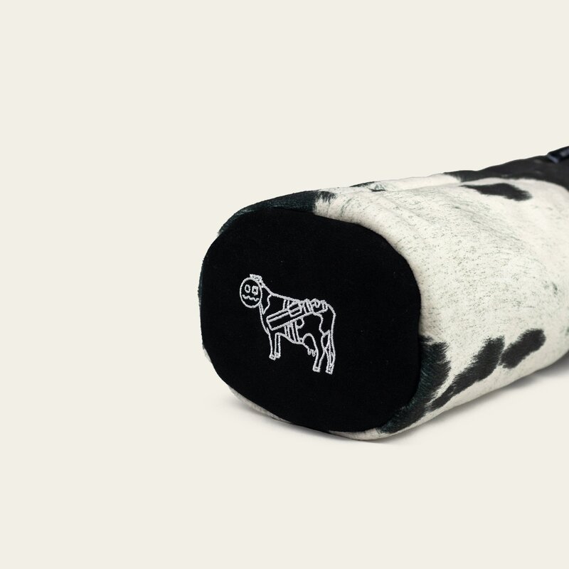 Cow Caddy headcover end cap in Holstein hide with embroidered cow