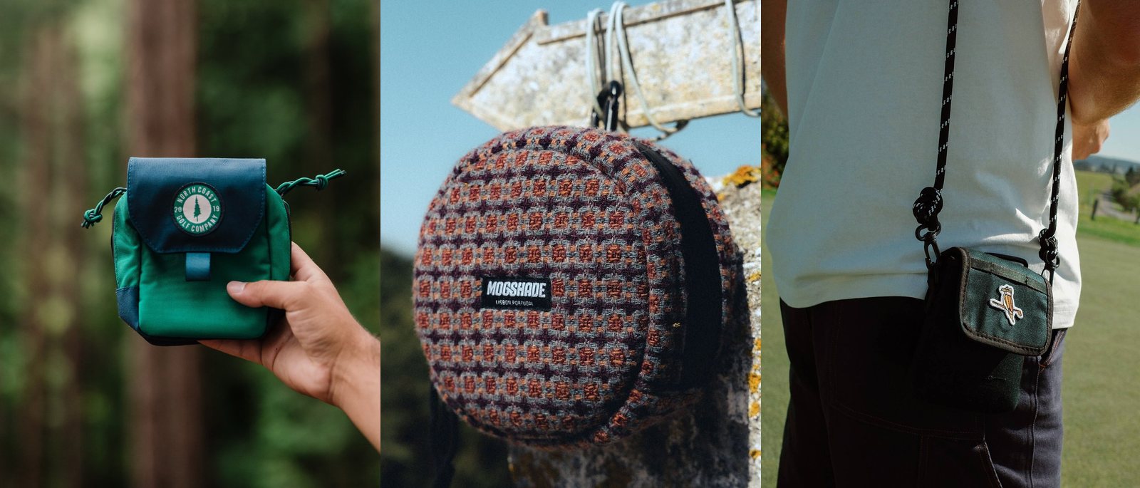 Three rangefinder cases: a North Coast case held in a forest, a round Mogshade wool case hanging from a signpost, and a Walker canvas bag worn crossbody