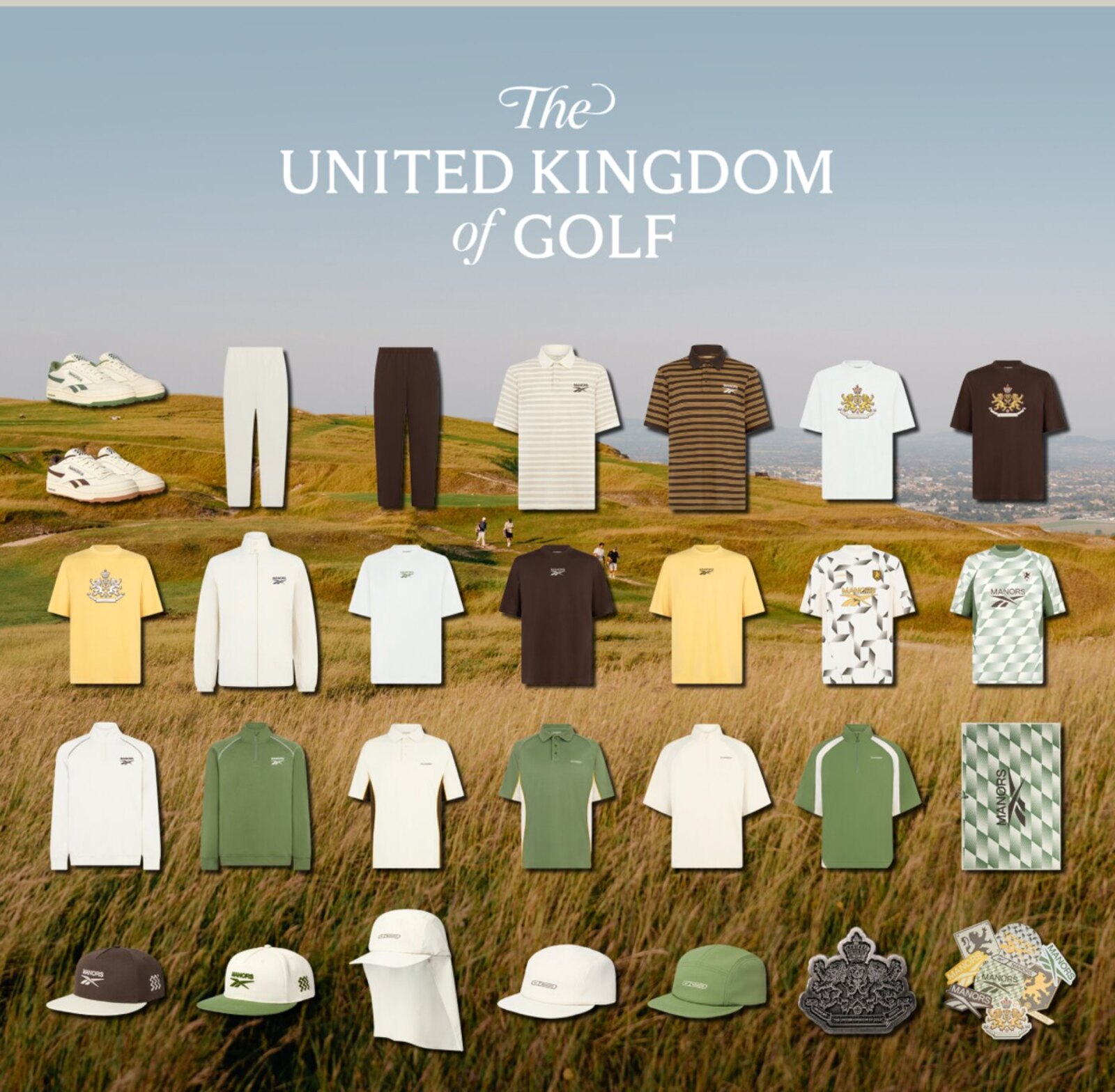 The full Reebok x Manors II collection laid out on links grass under The United Kingdom of Golf title