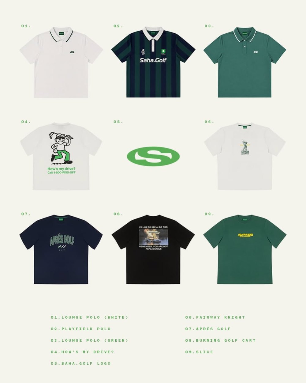 The first Saha collection laid out in a grid around the logo