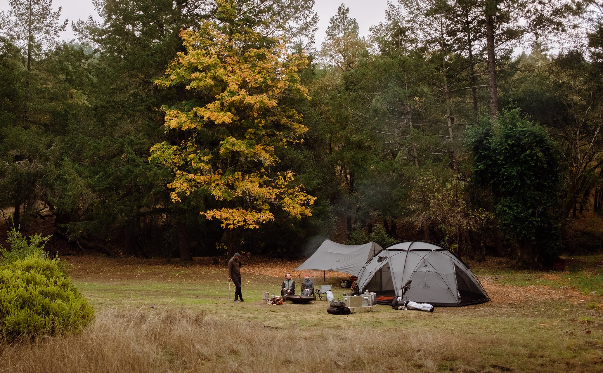 A Basecamp dome pitched under a turning oak, Expedition One at Sand Valley