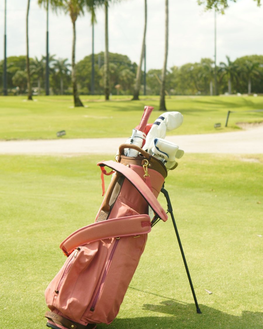 The Salmon Standard Bag on a course lined with palms
