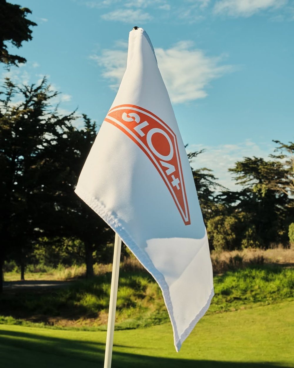 A white SLOAT pin flag with the orange logo on a green