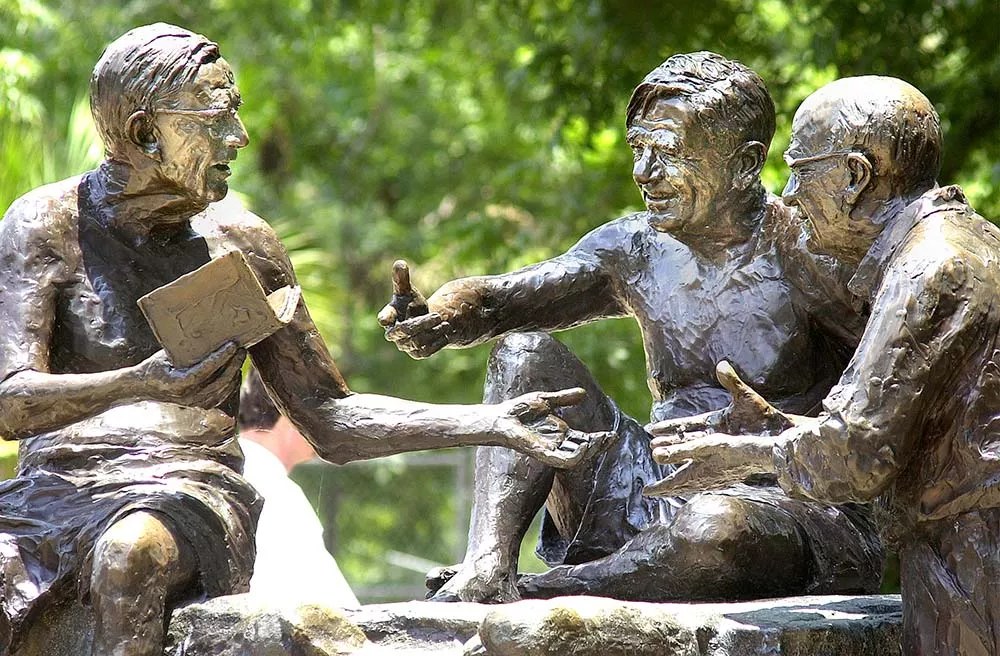 The Philosophers’ Rock bronze of Roy Bedichek, J. Frank Dobie and Walter Prescott Webb talking at Barton Springs