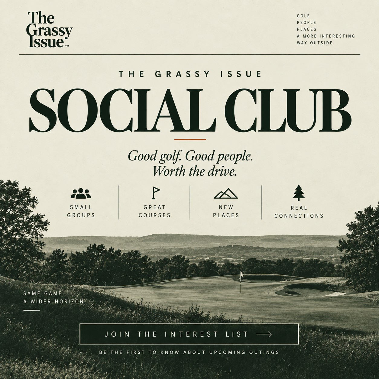 The Grassy Issue Social Club poster — a green over a wide Hill Country horizon, with the words Good golf, Good people