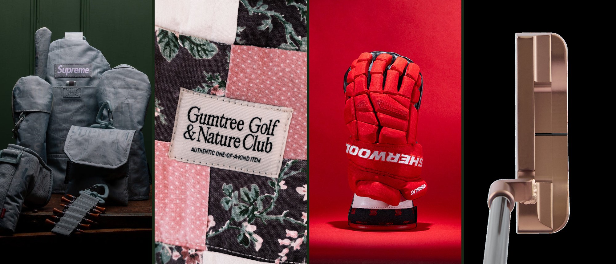 Four sold-out pieces side by side: Clamp’s Supreme rework headcovers, a Gumtree headcover cut from a vintage quilt, Dormie’s red Sherwood hockey glove headcover, and the copper Pappy Van Winkle x Bettinardi putter