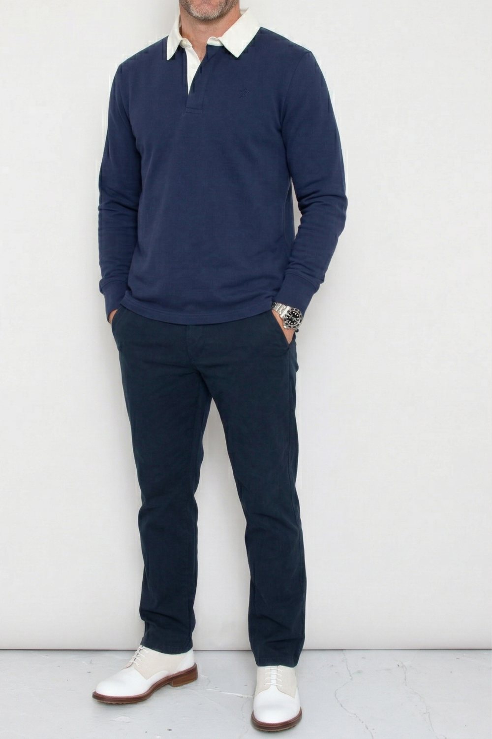 Sounder Big Mach Long Sleeve Polo Sweat, Deep Navy / Natural · view 1 of 4