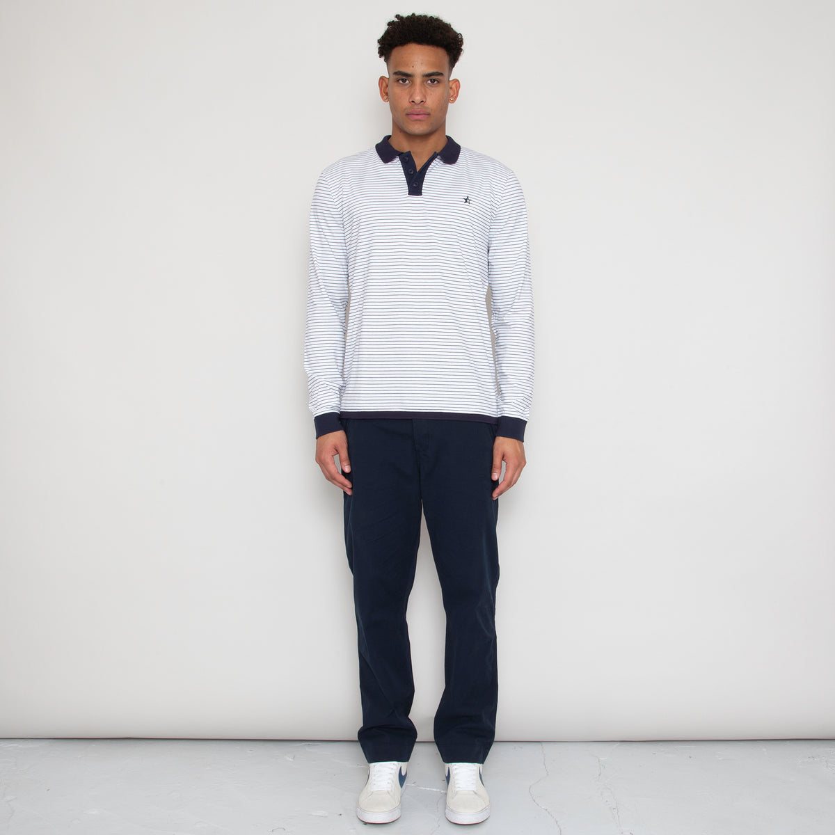 Sounder Play Well Polo Long Sleeve, Deep Navy Pin Stripe / Off White · view 2 of 4