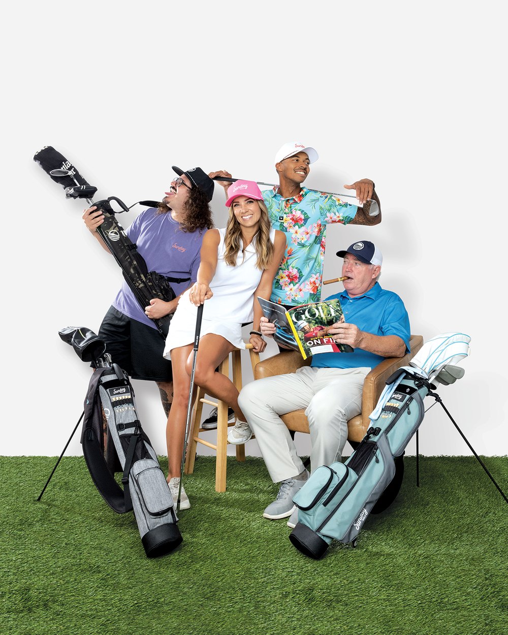 Four people from the Sunday Golf crew posing with their stand bags in a studio shoot