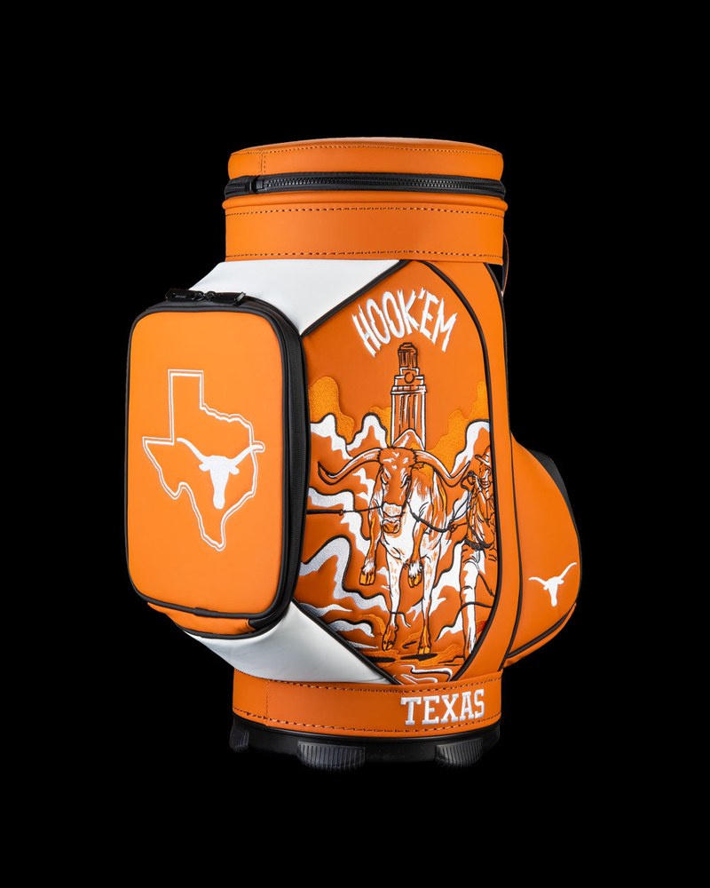 Swag Golf Texas Longhorns Hook 'Em Den Caddy cooler shaped like a miniature tour bag