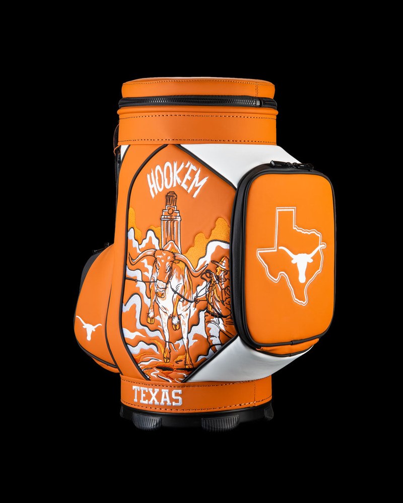 Swag Golf Texas Longhorns Hook 'Em Den Caddy cooler shaped like a miniature tour bag