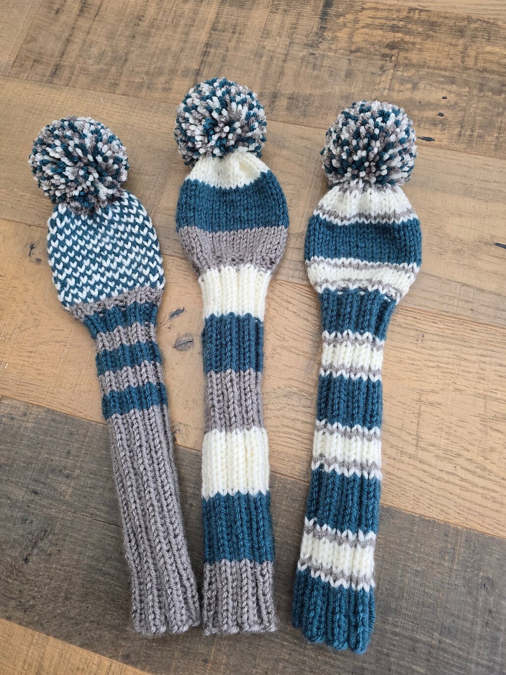 Hand-knit striped golf headcovers made in Austin, Texas