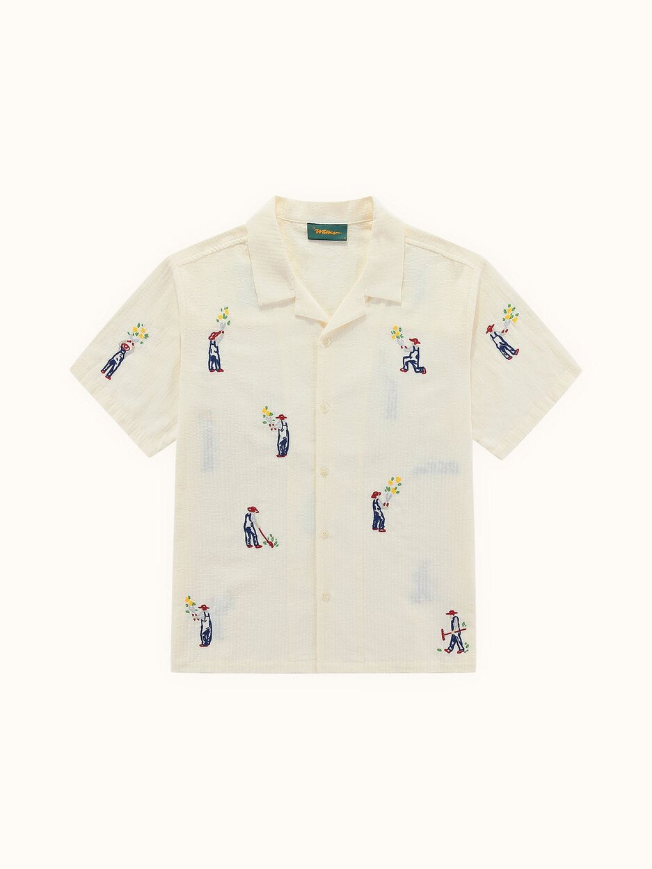 Walker Golf Things Gardener seersucker camp shirt with embroidered golfers