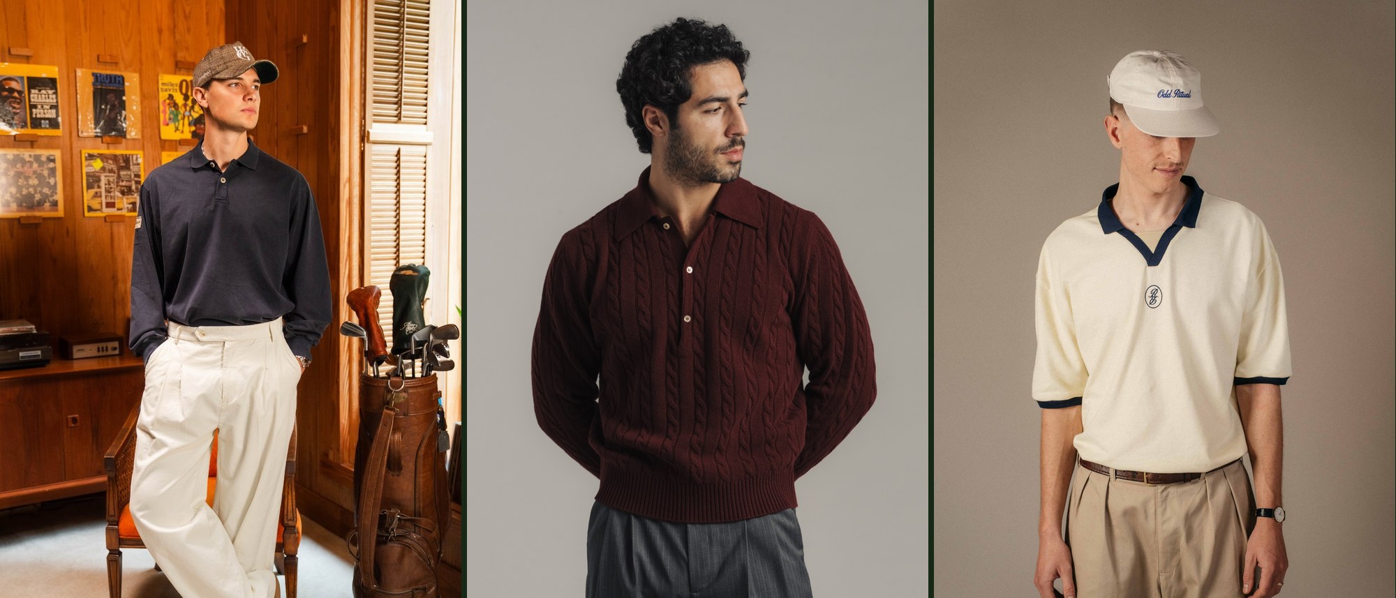 Three golf clothing photos side by side: a model in Woodgrain's cream double pleated trousers, a model in Late Nine's burgundy cable knit polo, and a model in Odd Ritual's cream 1990s Heritage Polo