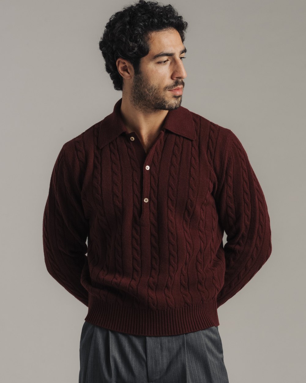Late Nine Cable Knit Polo, Burgundy · view 2 of 4