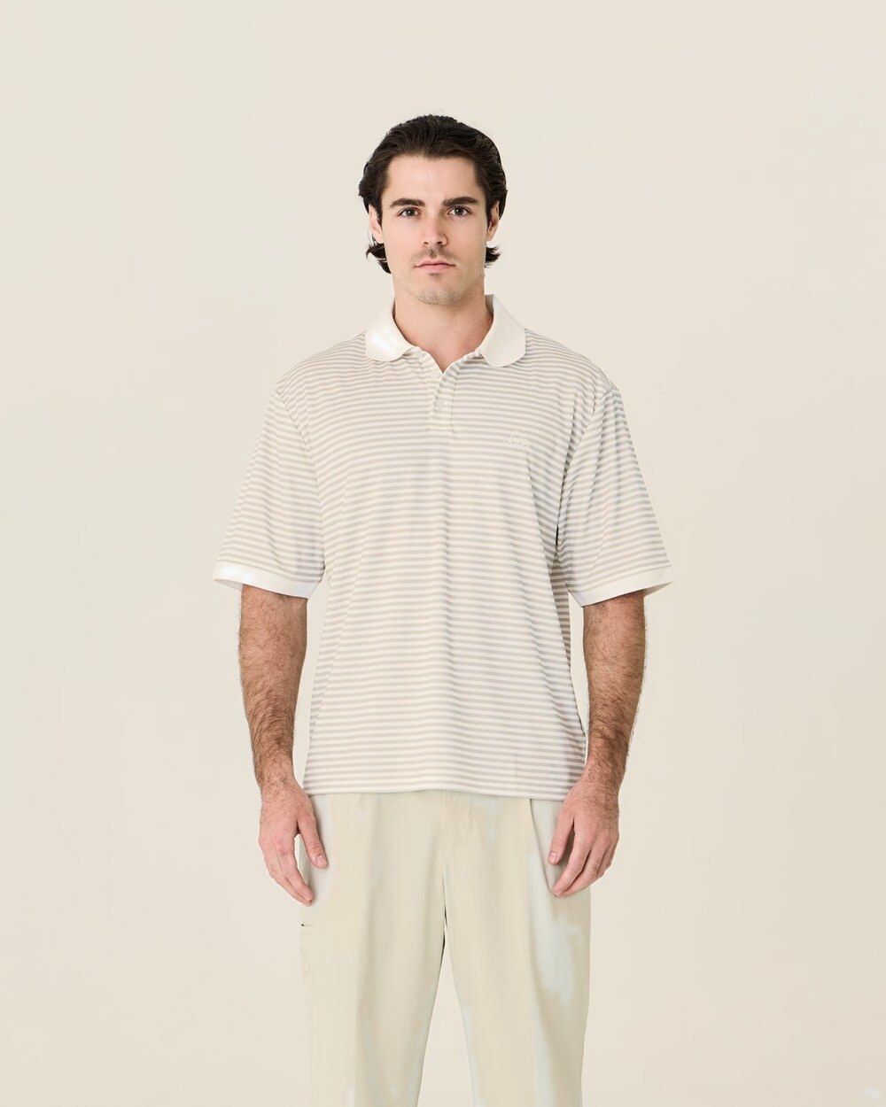Left of Field Golf Mornington Polo, Beige/White Stripe · view 2 of 5