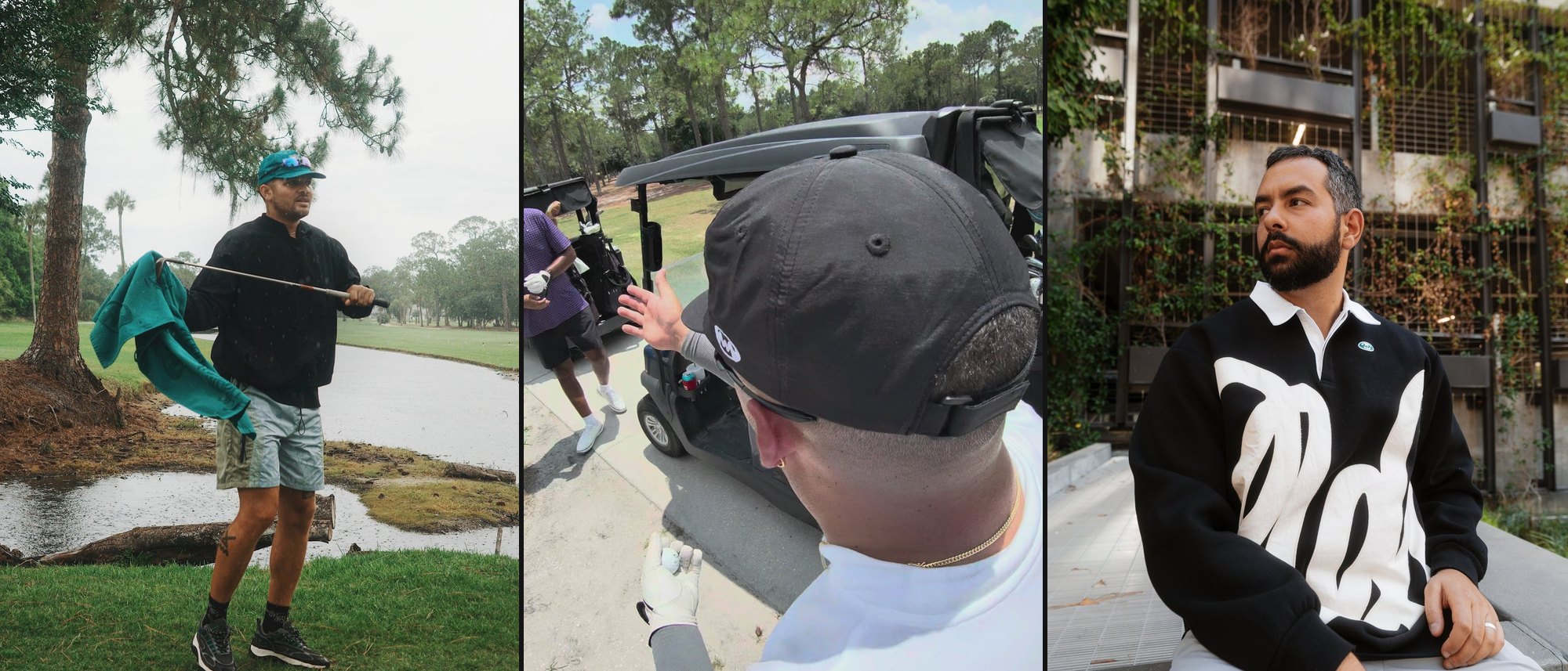 Three water when dry photos: a golfer in the Camper Short by a pond, a golfer in the Utility Cap at a golf cart, and a man in the black collared pullover
