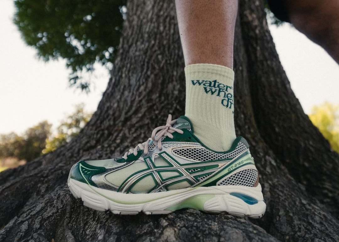 A cream logo sock and a green-and-cream running shoe on a tree root