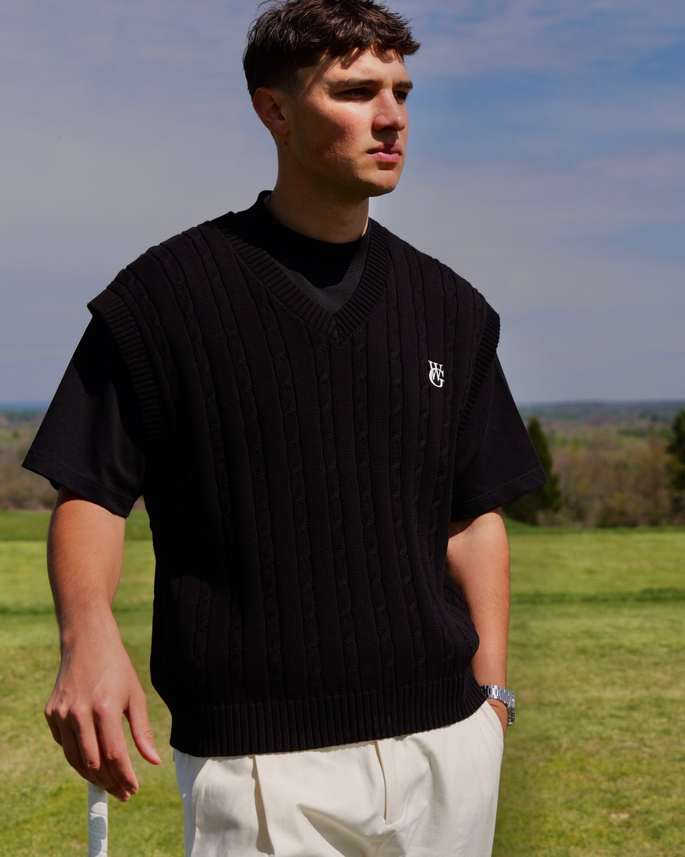 Woodgrain Golf Cable Knit Sweater Vest, Black &middot; view 1 of 3