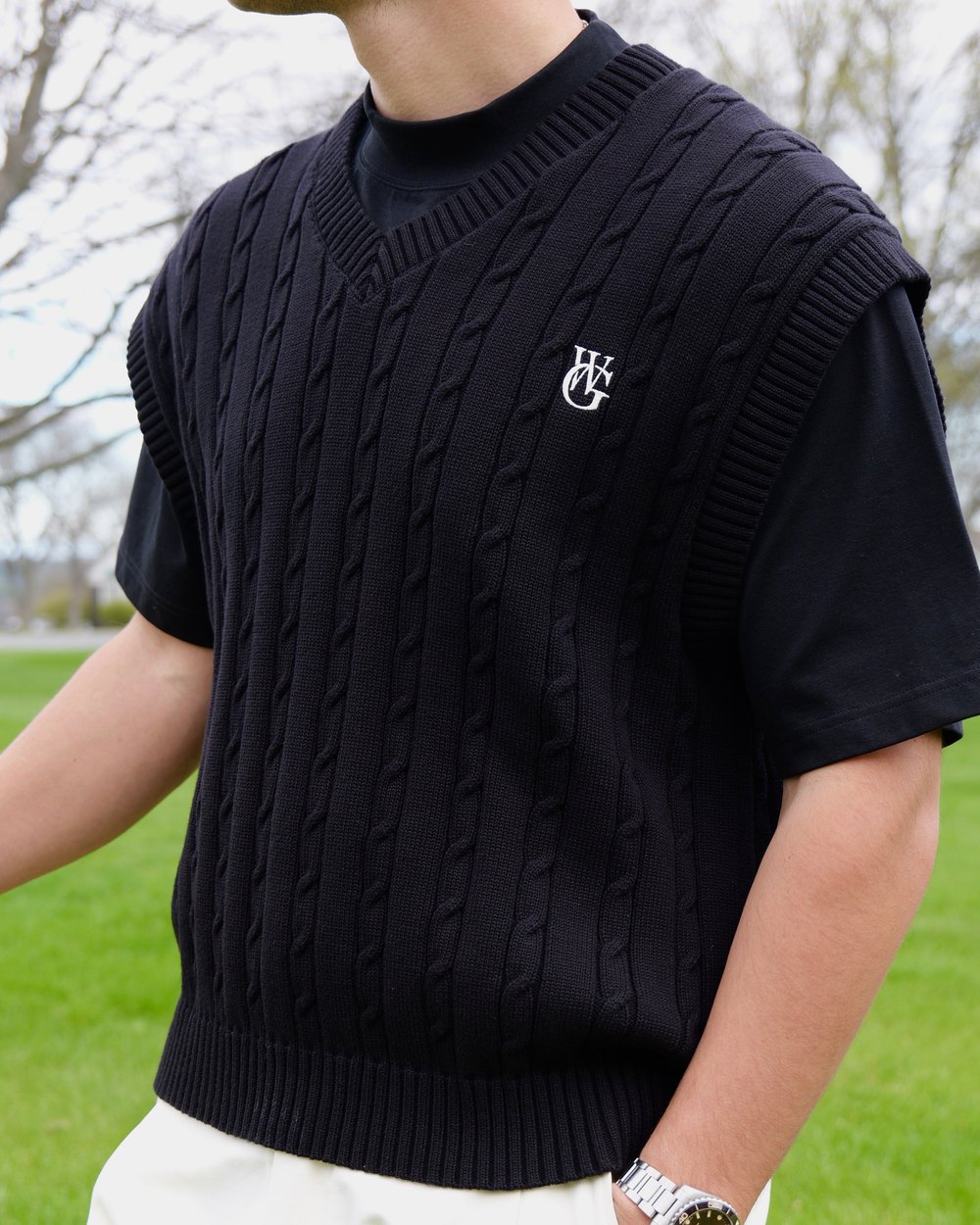 Woodgrain Golf Cable Knit Sweater Vest, Black &middot; view 3 of 3