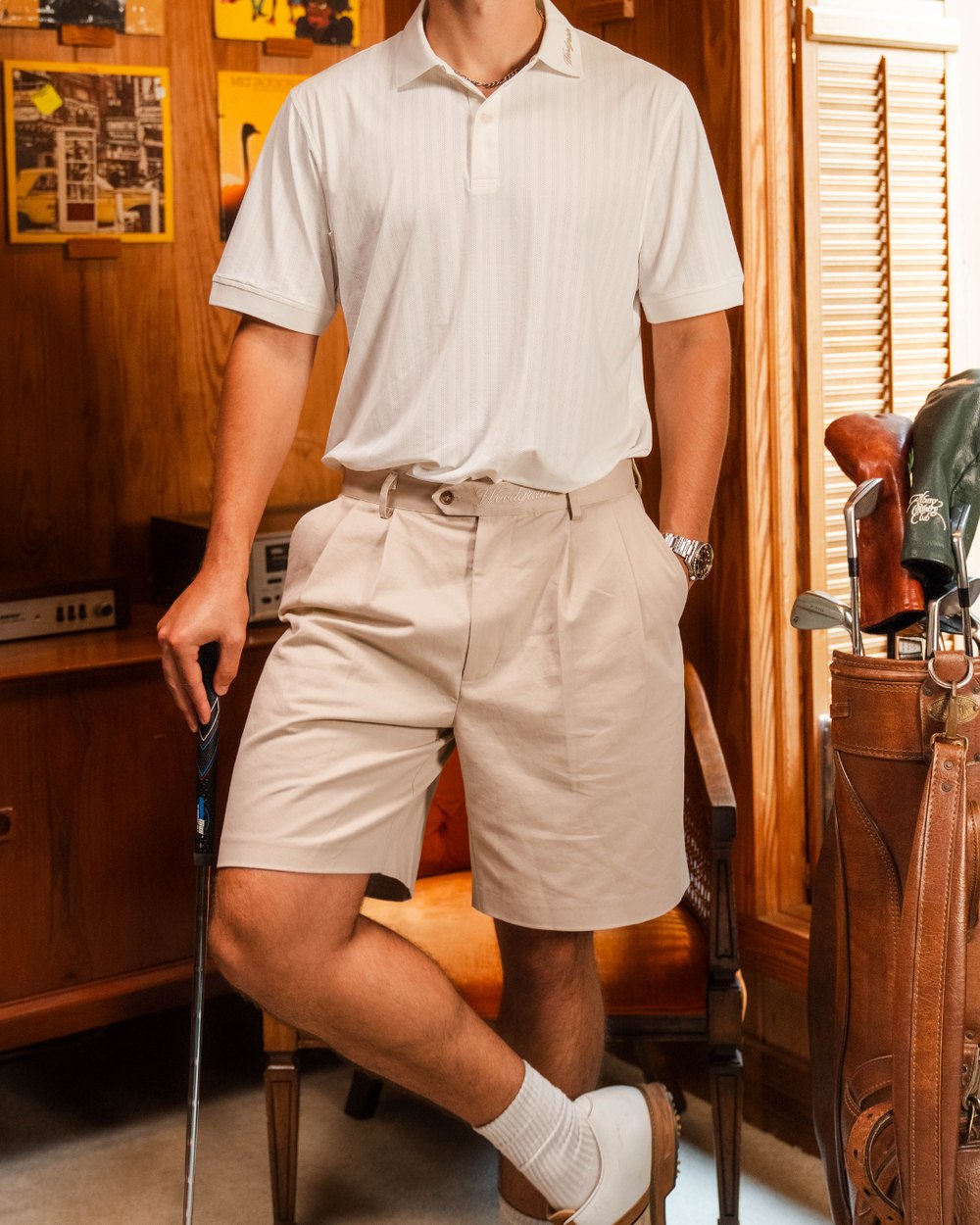 Woodgrain Golf Double Pleated Short, Tan &middot; view 2 of 4
